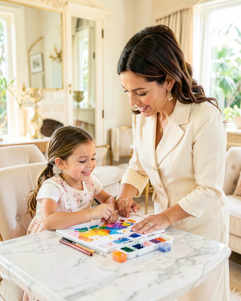 Professional nanny in cream attire painting with a smiling preschool girl in an elegant living room